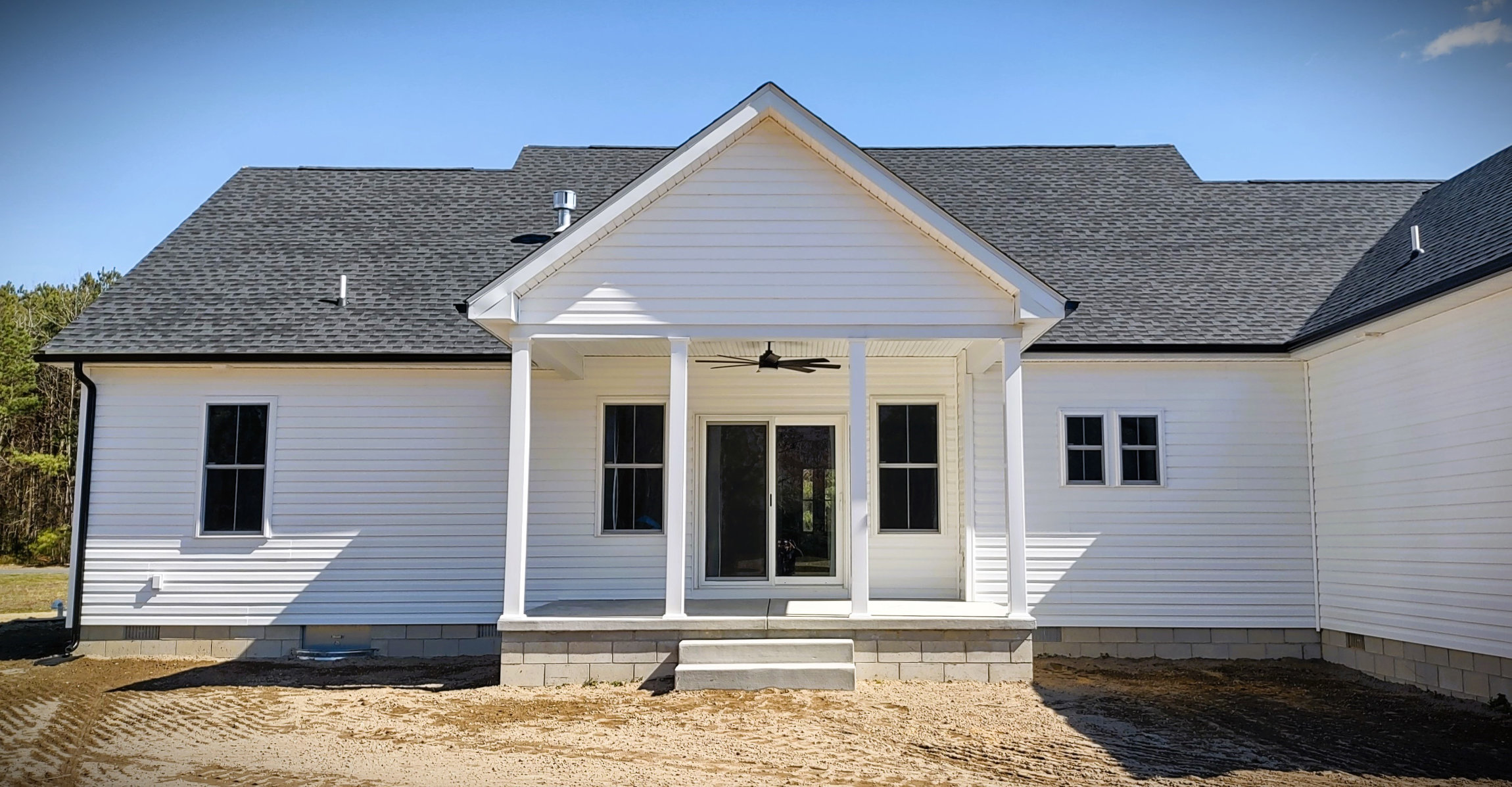 White Horizontal Siding Open Air Porch, Seely Homes